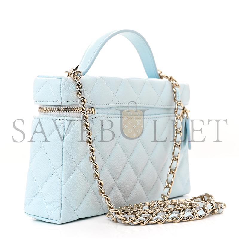 Ch*el cc top handle long vanity case with chain shiny caviar light gold hardware light blue ap4385 b10583 (19.5*17*5cm)